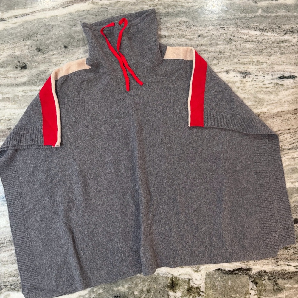 Tahari Merino Wool Blend Gray and Red Poncho Sweater
One Size